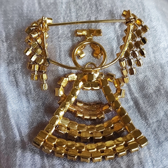 Vintage Christmas Angel With Wings Prong Set Rhinestone Gold Tone Brooch - Picture 5 of 11